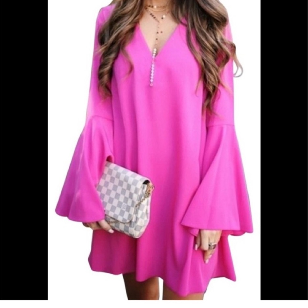 Topshop Bright Pink, Long Bell Sleeve, Deep V Dress size 8
